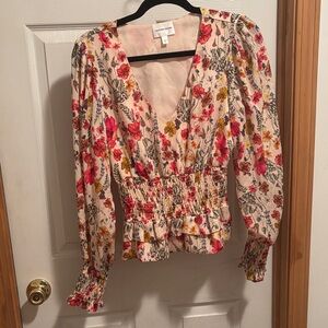 Lavender Brown Floral Blouse with Smocked Waist